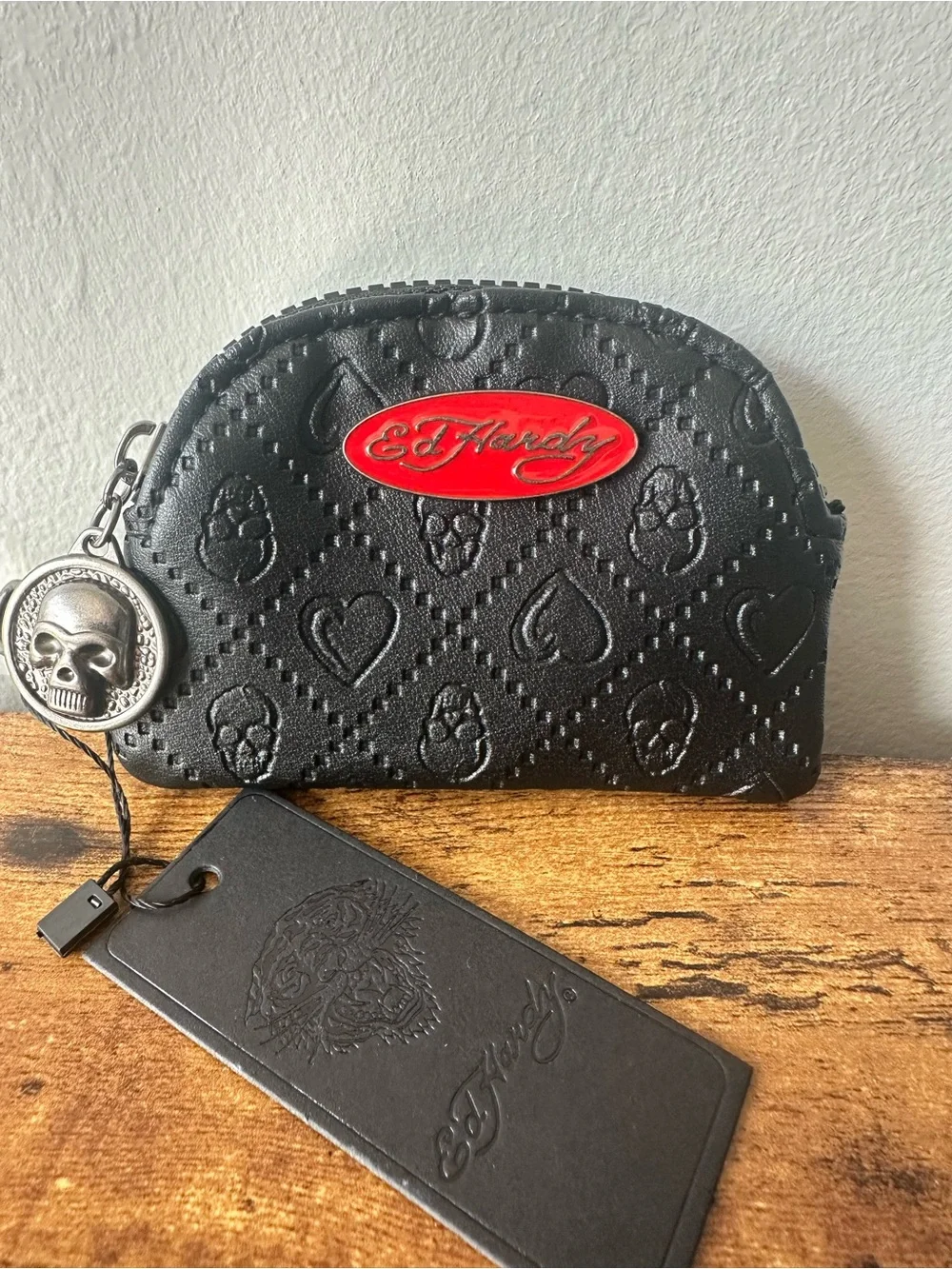 Ed Hardy Black Faux Leather Skull Embossed Coin Pouch Bag Charm Keychain NWT